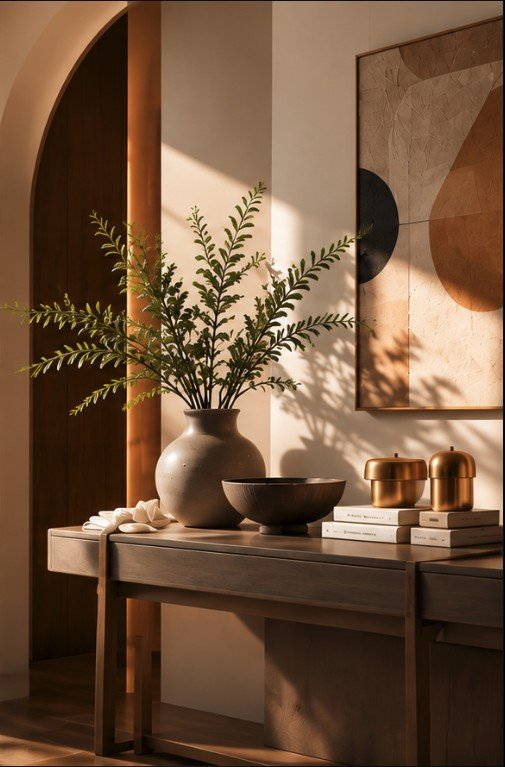 A timber console table styled with a stoneware vase, bowl, brass jars and framed abstract art.