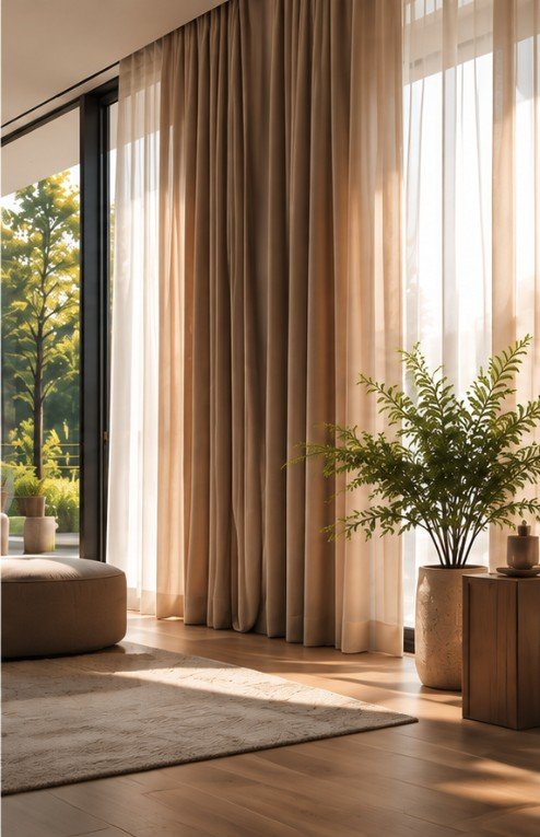 Floor-to-ceiling sheer and linen curtains beside a tall window, with a rug and potted fern.