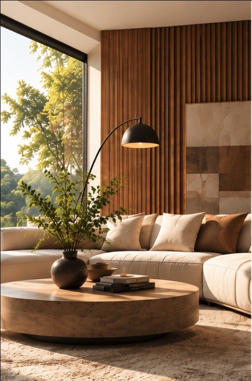A sun-lit living room with a cream sectional sofa, round oak coffee table and slatted timber wall.