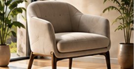 A rounded accent chair on tapered wooden legs beside a plant.