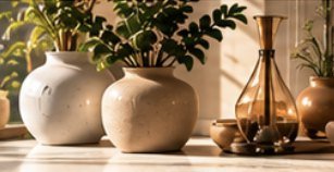 Pale ceramic vases and a brass bottle on a sunlit sideboard.