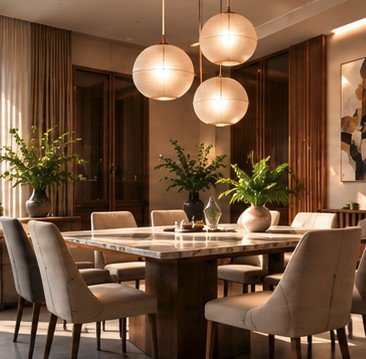 A dining room with globe pendant lights above a stone table and upholstered chairs.