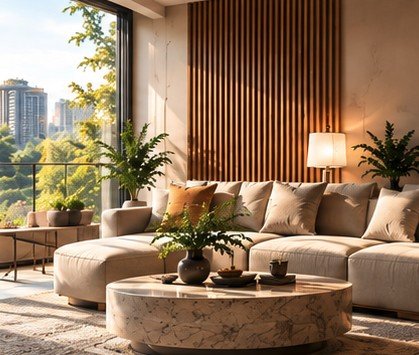 A living room with a cream sectional sofa, round stone coffee table and slatted timber wall.
