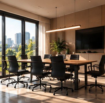 A meeting room with a timber table, mesh chairs and city views through full-height glazing.
