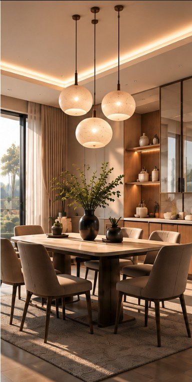 A dining room with three globe pendants above a timber table and upholstered chairs.