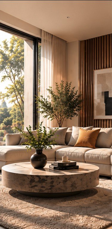 A sunlit living room with a sectional sofa, round stone coffee table and full-height window.