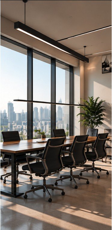 A meeting room with a long timber table, mesh chairs and a city skyline through glazing.