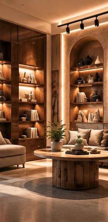 A retail showroom with lit timber display shelving, an arched alcove and a lounge seat.