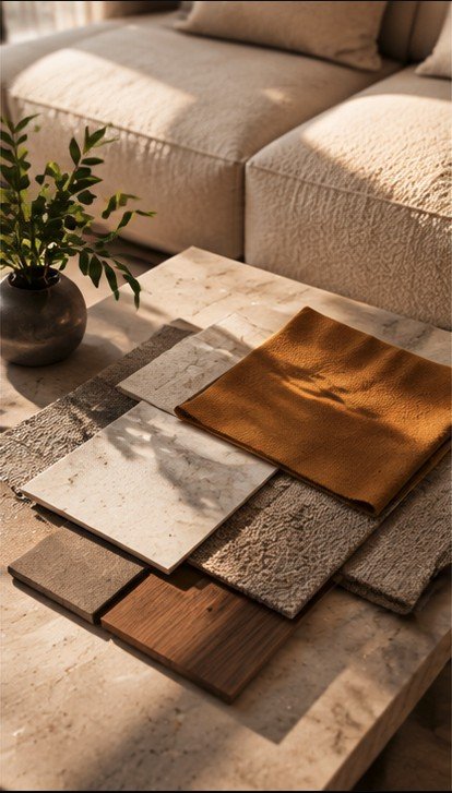 Stone, timber and fabric samples fanned across a marble table beside a sofa.