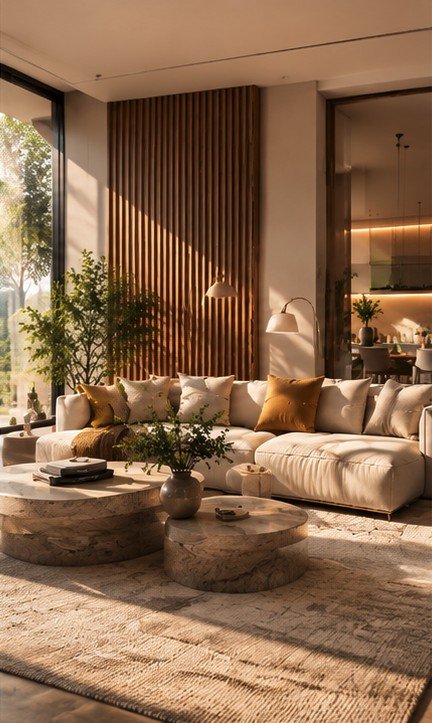 A finished living room with a cream sectional, round stone tables and a slatted timber wall.