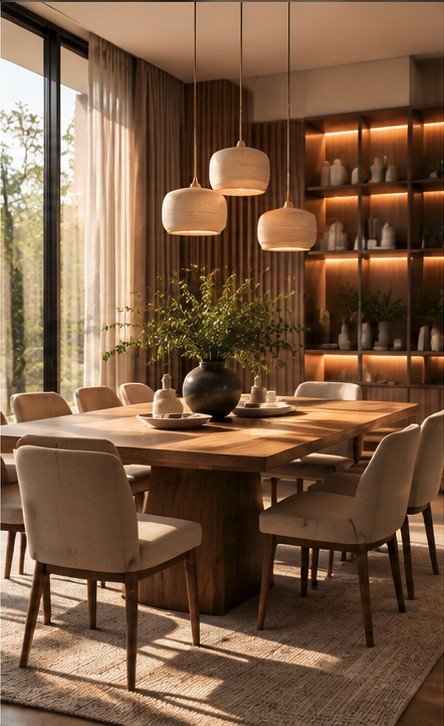 A dining room with three pendant lights above a timber table and upholstered chairs.