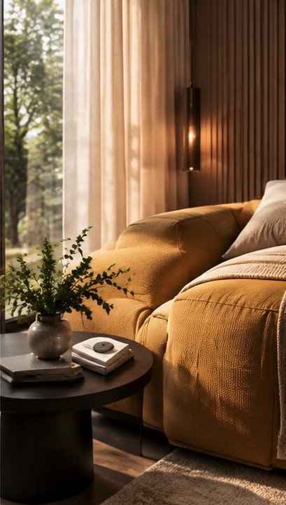 A close view of a mustard sofa and dark side table in warm late afternoon light.