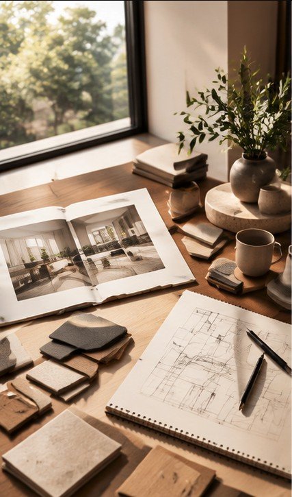 A desk by a window with an open interiors book, material samples and a pencil sketch.